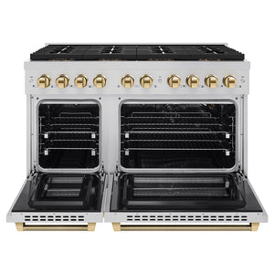 ZLINE Autograph Edition 48 in. 6.7 cu. ft. Paramount Gas Range with 8 Burner DuoPro™ Cooktop and Dual Ovens in Stainless Steel with Polished Gold Helix Handles and Accents (PSGRZ-48-KG)