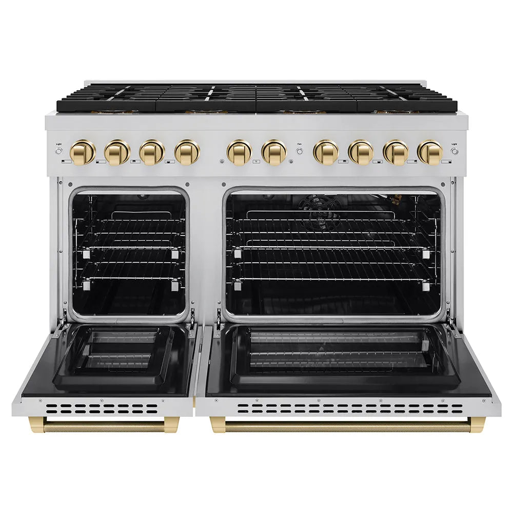 ZLINE Autograph Edition 48 in. 6.7 cu. ft. Paramount Gas Range with 8 Burner DuoPro™ Cooktop and Dual Ovens in Stainless Steel with Polished Gold Helix Handles and Accents (PSGRZ-48-KG) front, oven open.