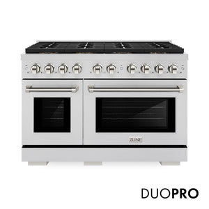 ZLINE Autograph Edition 48 in. 6.7 cu. ft. Paramount Gas Range with 8 Burner DuoPro™ Cooktop and Dual Ovens in Stainless Steel with Polished Nickel Helix Handles and Accents (PSGRZ-48-KPN)