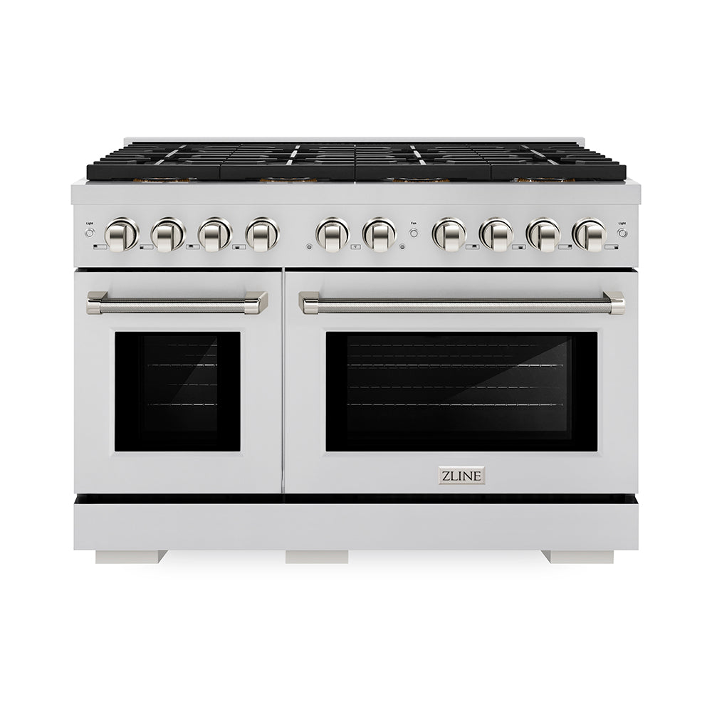 ZLINE Autograph Edition 48 in. 6.7 cu. ft. Paramount Gas Range with 8 Burner DuoPro™ Cooktop and Dual Ovens in Stainless Steel with Polished Nickel Helix Handles and Accents (PSGRZ-48-KPN)