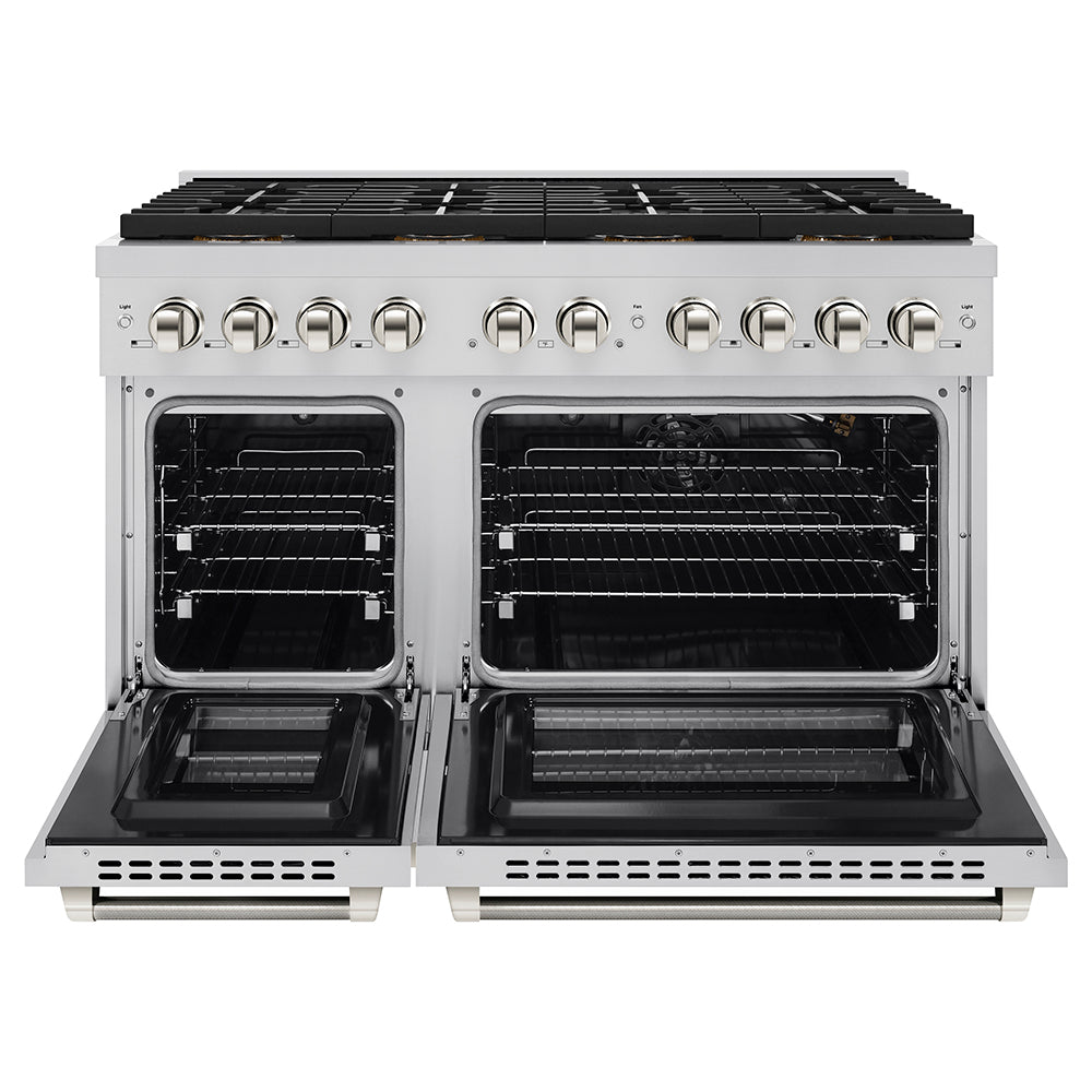 ZLINE Autograph Edition 48 in. 6.7 cu. ft. Paramount Gas Range with 8 Burner DuoPro™ Cooktop and Dual Ovens in Stainless Steel with Polished Nickel Helix Handles and Accents (PSGRZ-48-KPN)