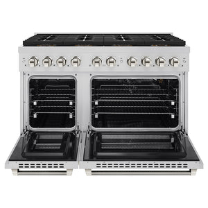 ZLINE Autograph Edition 48 in. 6.7 cu. ft. Paramount Gas Range with 8 Burner DuoPro™ Cooktop and Dual Ovens in Stainless Steel with Polished Nickel Helix Handles and Accents (PSGRZ-48-KPN)