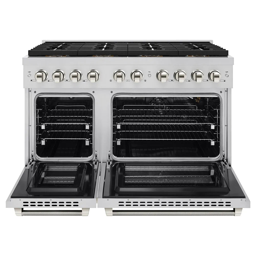 ZLINE Autograph Edition 48 in. 6.7 cu. ft. Paramount Gas Range with 8 Burner DuoPro™ Cooktop and Dual Ovens in Stainless Steel with Polished Nickel Helix Handles and Accents (PSGRZ-48-KPN) front, oven open.