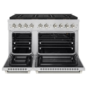 ZLINE Autograph Edition 48 in. 6.7 cu. ft. Paramount Gas Range with 8 Burner DuoPro™ Cooktop and Dual Ovens in Stainless Steel with Polished Nickel Helix Handles and Accents (PSGRZ-48-KPN) front, oven open.