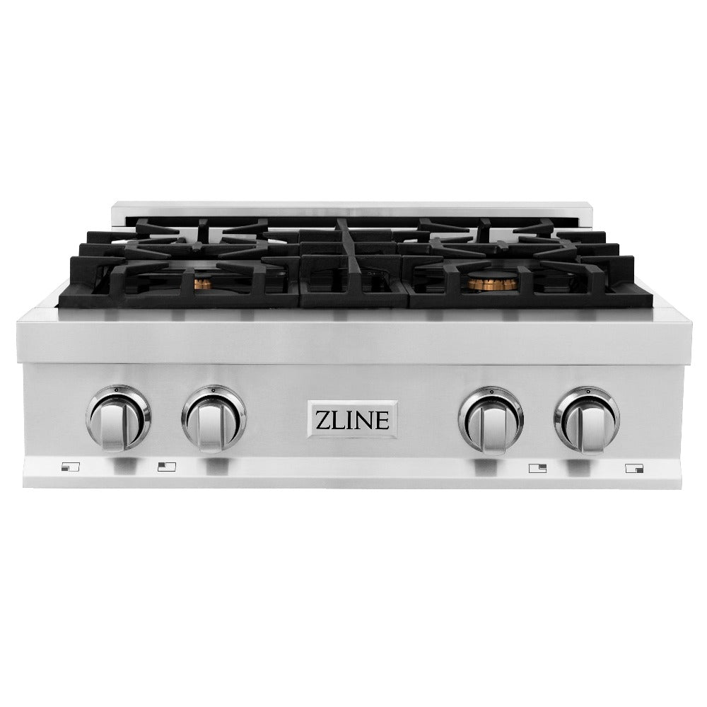 ZLINE 30 in. Porcelain Gas Rangetop with 4 Gas Brass Burners (RT-BR-30) front.