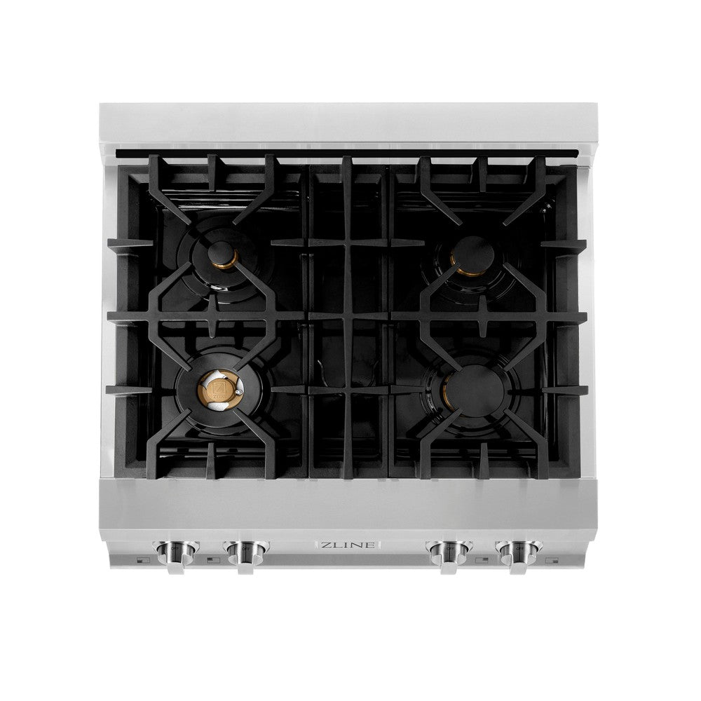 ZLINE 30 in. Porcelain Gas Rangetop with 4 Gas Brass Burners (RT-BR-30) from above showing gas burners and cast-iron grates.