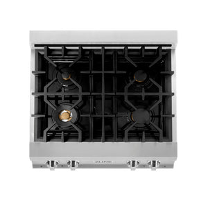 ZLINE 30 in. Legacy Gas Rangetop with 4 Brass Burners and Porcelain Cooktop in Stainless Steel (RT-BR-30) from above showing gas burners and cast-iron grates.