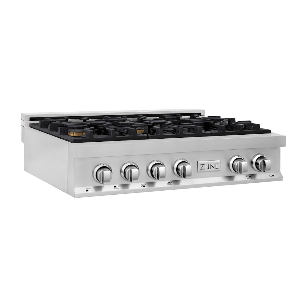 ZLINE 36 in. Legacy Gas Rangetop with 6 Brass Burners and Porcelain Cooktop in Stainless Steel (RT-BR-36) side.
