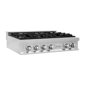 ZLINE 36 in. Legacy Gas Rangetop with 6 Brass Burners and Porcelain Cooktop in Stainless Steel (RT-BR-36) side.