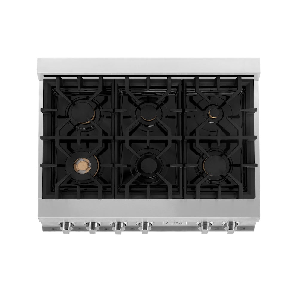ZLINE 36 in. Legacy Gas Rangetop with 6 Brass Burners and Porcelain Cooktop in Stainless Steel (RT-BR-36) top-down, above cooking surface.