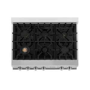 ZLINE 36 in. Legacy Gas Rangetop with 6 Brass Burners and Porcelain Cooktop in Stainless Steel (RT-BR-36) top-down, above cooking surface.