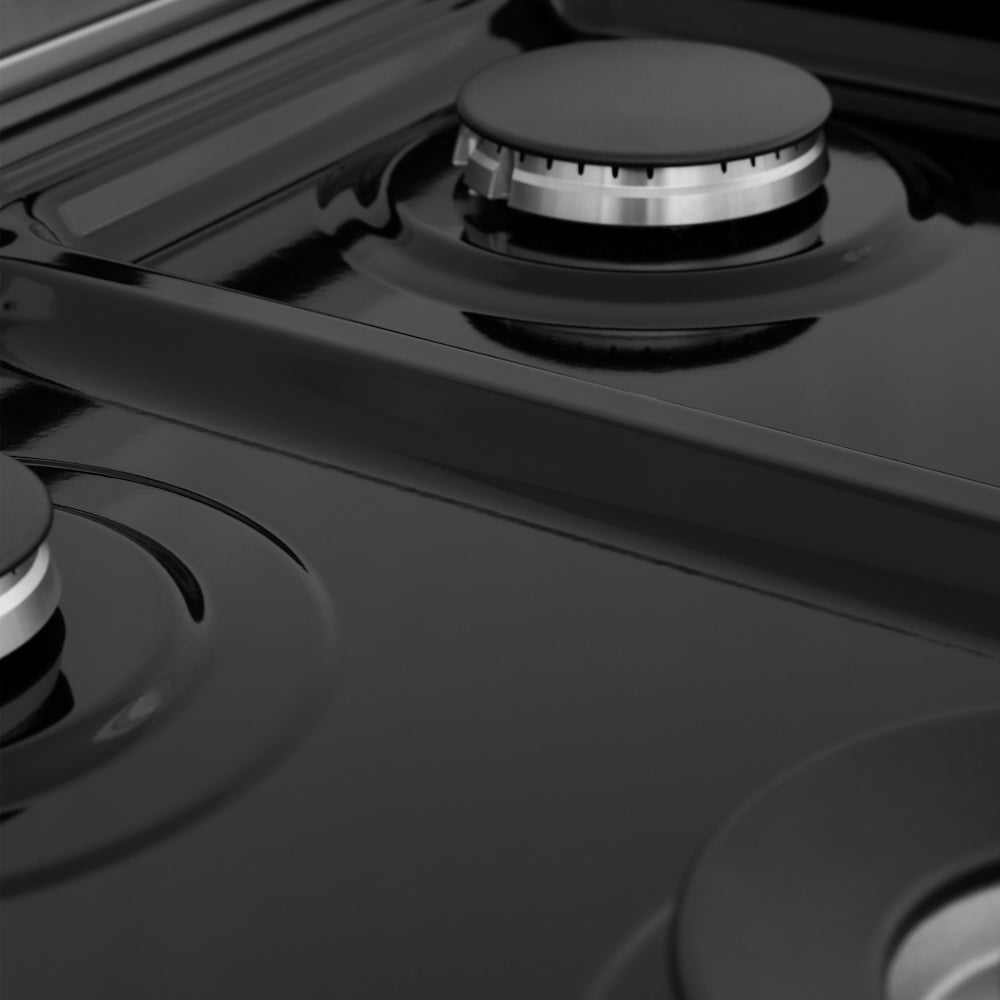 ZLINE 48 in. Legacy Gas Rangetop with 7 Burners and Porcelain Cooktop in Stainless Steel (RT48) close-up, black porcelain cooktop and burners without grates.