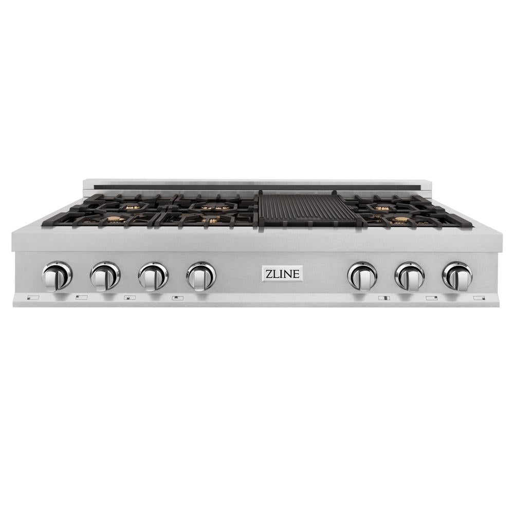 ZLINE 48 in. Legacy Gas Rangetop with 6 Brass Burners and Porcelain Cooktop in Satin Stainless Steel (RTS-BR-48) front.