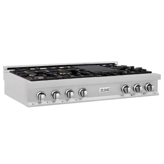 ZLINE 48 in. Porcelain Gas Rangetop in DuraSnow® Stainless Steel with 7 Gas Burners with Brass Burners and Griddle (RTS-BR-48)