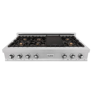ZLINE 48 in. Legacy Gas Rangetop with 6 Brass Burners and Porcelain Cooktop in Satin Stainless Steel (RTS-BR-48) front, above.
