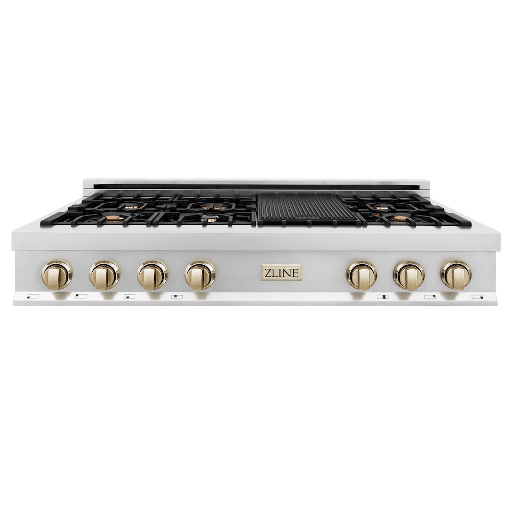 ZLINE Autograph Edition 48 in. Legacy Gas Rangetop with 7 Burners and Porcelain Cooktop in Stainless Steel with Polished Gold Accents (RTZ-48-G) front.