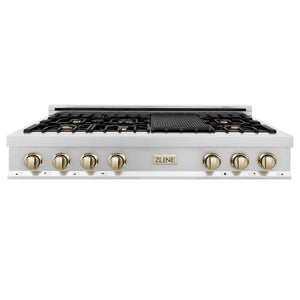 ZLINE Autograph Edition 48 in. Legacy Gas Rangetop with 7 Burners and Porcelain Cooktop in Stainless Steel with Polished Gold Accents (RTZ-48-G) front.