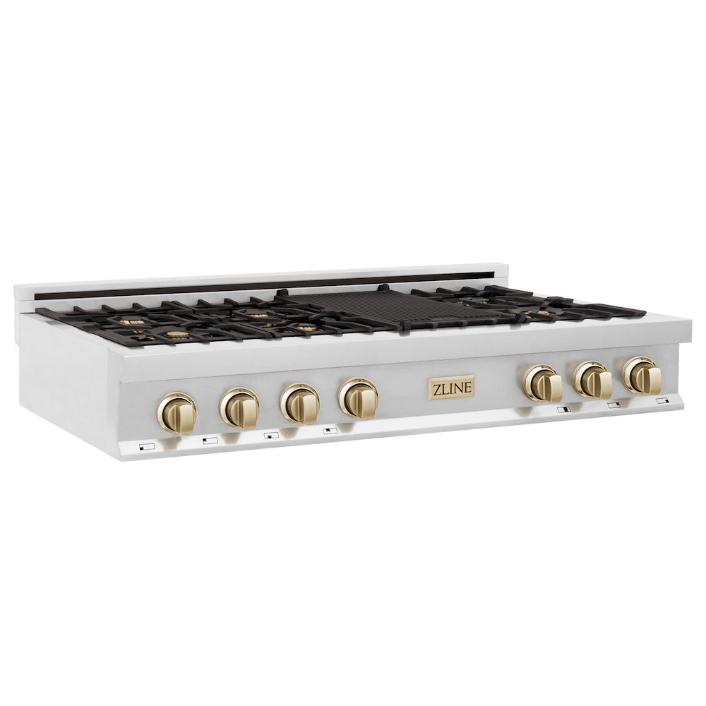 ZLINE Autograph Edition 48 in. Legacy Gas Rangetop with 7 Burners and Porcelain Cooktop in Stainless Steel with Polished Gold Accents (RTZ-48-G) main image.