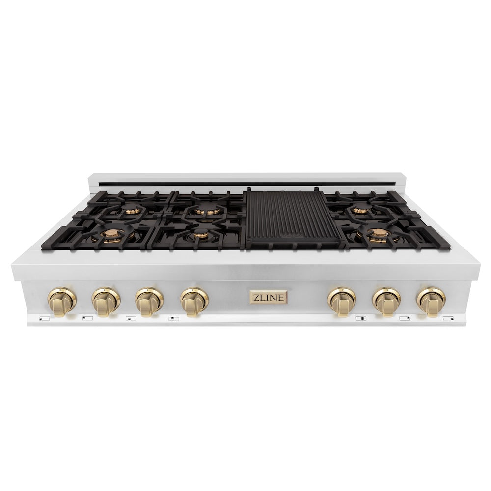 ZLINE Autograph Edition 48 in. Legacy Gas Rangetop with 7 Burners and Porcelain Cooktop in Stainless Steel with Polished Gold Accents (RTZ-48-G) front.