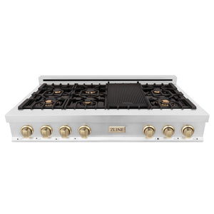 ZLINE Autograph Edition 48 in. Legacy Gas Rangetop with 7 Burners and Porcelain Cooktop in Stainless Steel with Polished Gold Accents (RTZ-48-G) front.