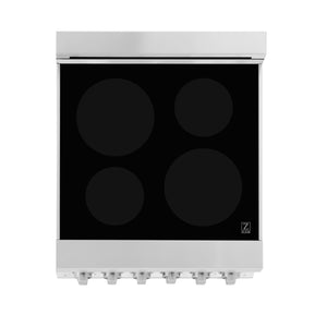ZLINE 24 in. 2.8 cu. ft. Induction Range with a 4 Element Stove and Electric Oven in White Matte (RAIND-WM-24) from above showing induction cooking elements on cooktop.