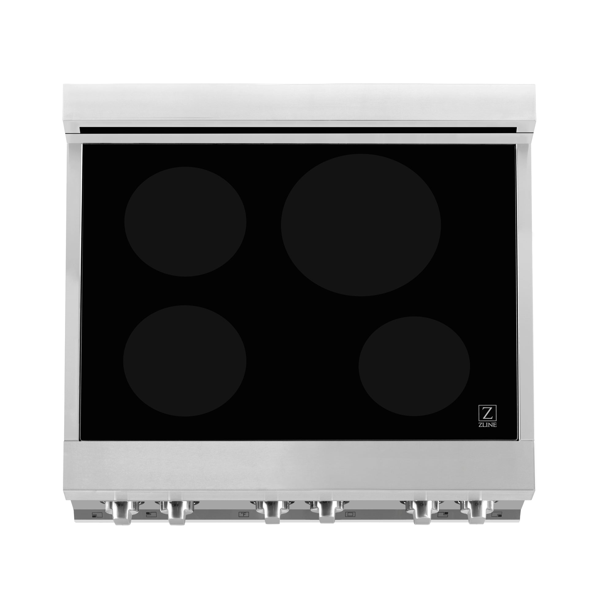 ZLINE 30 in. 4.0 cu. ft. Induction Range with a 4 Induction Element Stove and Electric Oven in Stainless Steel with Black Matte Door (RAIND-BLM-30) from above showing induction cooking elements on cooktop.
