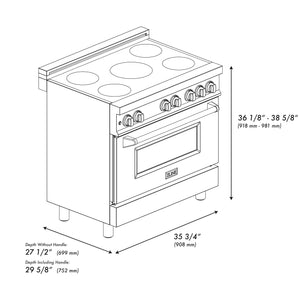 ZLINE 36 in. 4.6 cu. ft. Induction Range with a 5 Element Stove and Electric Oven in Stainless Steel (RAIND-36) dimensional diagram with measurements.