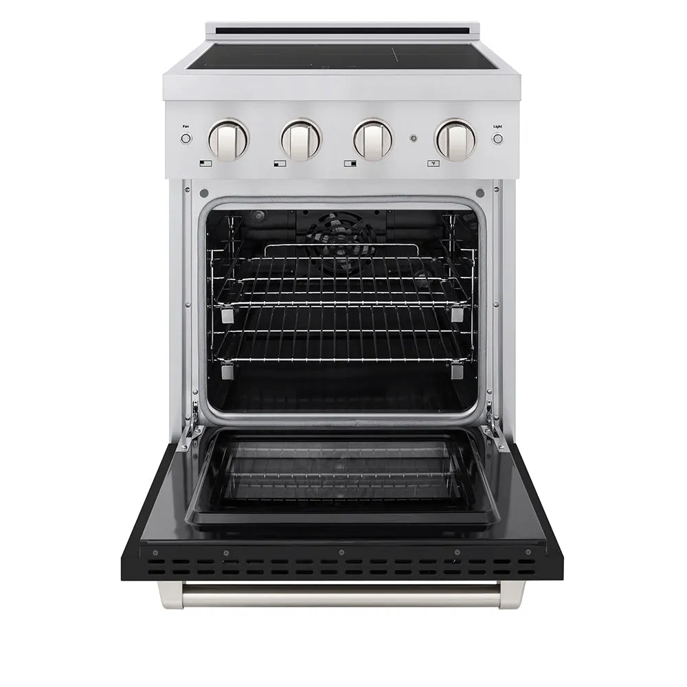 ZLINE 24 in. 3.2 cu. ft. Paramount Induction Range with 3 Element Cooktop and Electric Convection Oven in Stainless Steel with Black Matte Door (SINR-BLM-24) front, oven open.