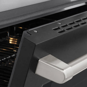 ZLINE 24 in. 3.2 cu. ft. Paramount Induction Range with 3 Element Cooktop and Electric Convection Oven in Stainless Steel with Black Matte Door (SINR-BLM-24) close-up, oven door handle.