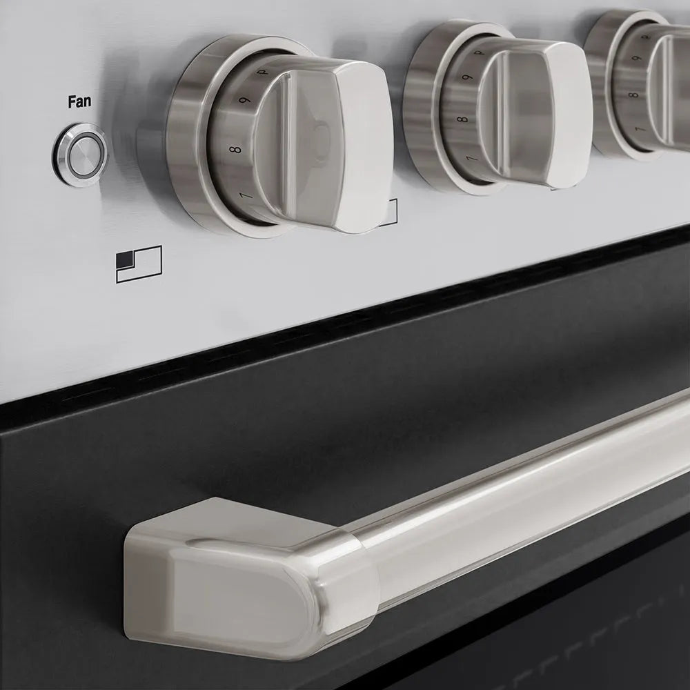ZLINE 24 in. 3.2 cu. ft. Paramount Induction Range with 3 Element Cooktop and Electric Convection Oven in Stainless Steel with Black Matte Door (SINR-BLM-24) close-up, oven and cooktop knobs.