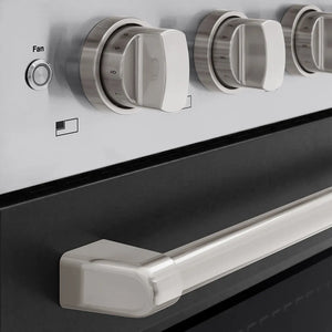 ZLINE 24 in. 3.2 cu. ft. Paramount Induction Range with 3 Element Cooktop and Electric Convection Oven in Stainless Steel with Black Matte Door (SINR-BLM-24) close-up, oven and cooktop knobs.