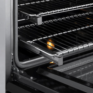 ZLINE 24 in. 3.2 cu. ft. Paramount Induction Range with 3 Element Cooktop and Electric Convection Oven in Stainless Steel with Black Matte Door (SINR-BLM-24) close-up, Smooth Glide oven racks from side.