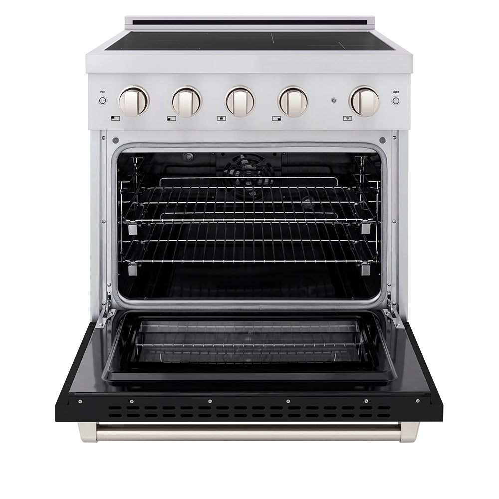 ZLINE 30 in. 4.2 cu. ft. Paramount Induction Range with 4 Element Cooktop and Electric Convection Oven in Stainless Steel with Black Matte Door (SINR-BLM-30) front, oven open.