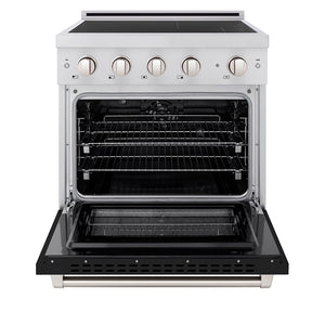 ZLINE 30 in. 4.2 cu. ft. Paramount Induction Range with 4 Element Cooktop and Electric Convection Oven in Stainless Steel with Black Matte Door (SINR-BLM-30) front, oven open.