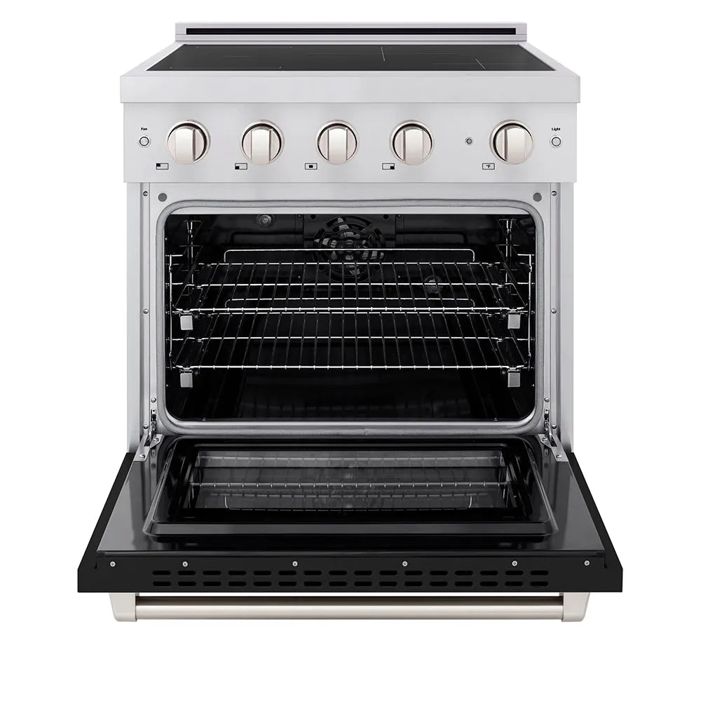 ZLINE 30 in. 4.2 cu. ft. Paramount Induction Range with 4 Element Cooktop and Electric Convection Oven in Stainless Steel with Black Matte Door (SINR-BLM-30) front, oven open.