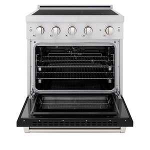 ZLINE 30 in. 4.2 cu. ft. Paramount Induction Range with 4 Element Cooktop and Electric Convection Oven in Stainless Steel with Black Matte Door (SINR-BLM-30) front, oven open.