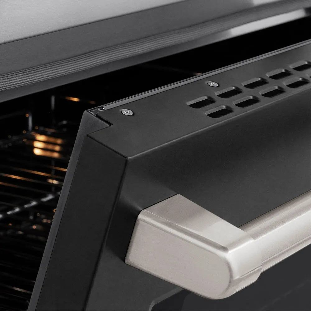 ZLINE 30 in. 4.2 cu. ft. Paramount Induction Range with 4 Element Cooktop and Electric Convection Oven in Stainless Steel with Black Matte Door (SINR-BLM-30) close-up, oven slightly open, showing oven door handle.