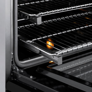 ZLINE 30 in. 4.2 cu. ft. Paramount Induction Range with 4 Element Cooktop and Electric Convection Oven in Stainless Steel with Black Matte Door (SINR-BLM-30) close-up, oven open showing SmoothGlide racks and interior components.