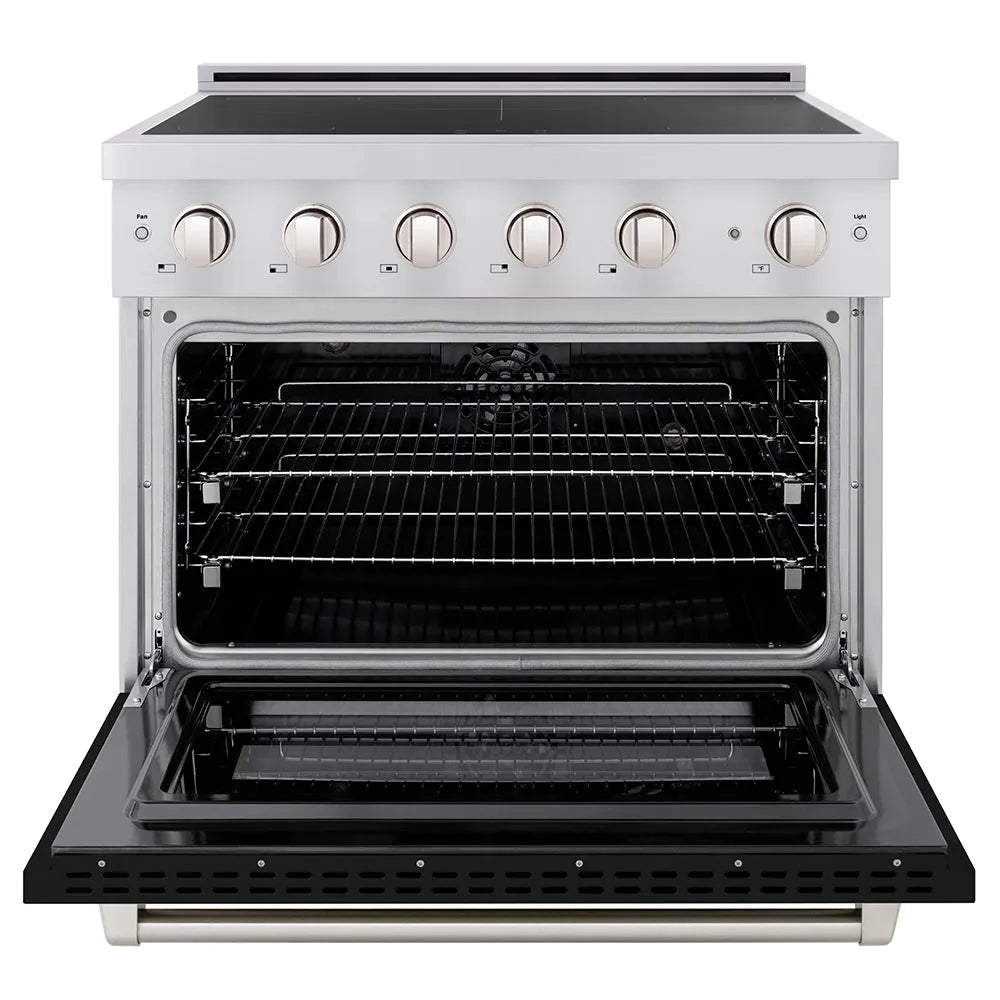 ZLINE 36 in. 5.2 cu. ft. Paramount Induction Range with 5 Element Cooktop and Electric Convection Oven in Stainless Steel with Black Matte Door (SINR-BLM-36) front, oven open.