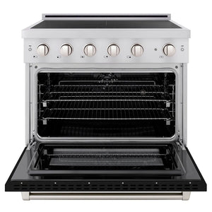 ZLINE 36 in. 5.2 cu. ft. Paramount Induction Range with 5 Element Cooktop and Electric Convection Oven in Stainless Steel with Black Matte Door (SINR-BLM-36) front, oven open.