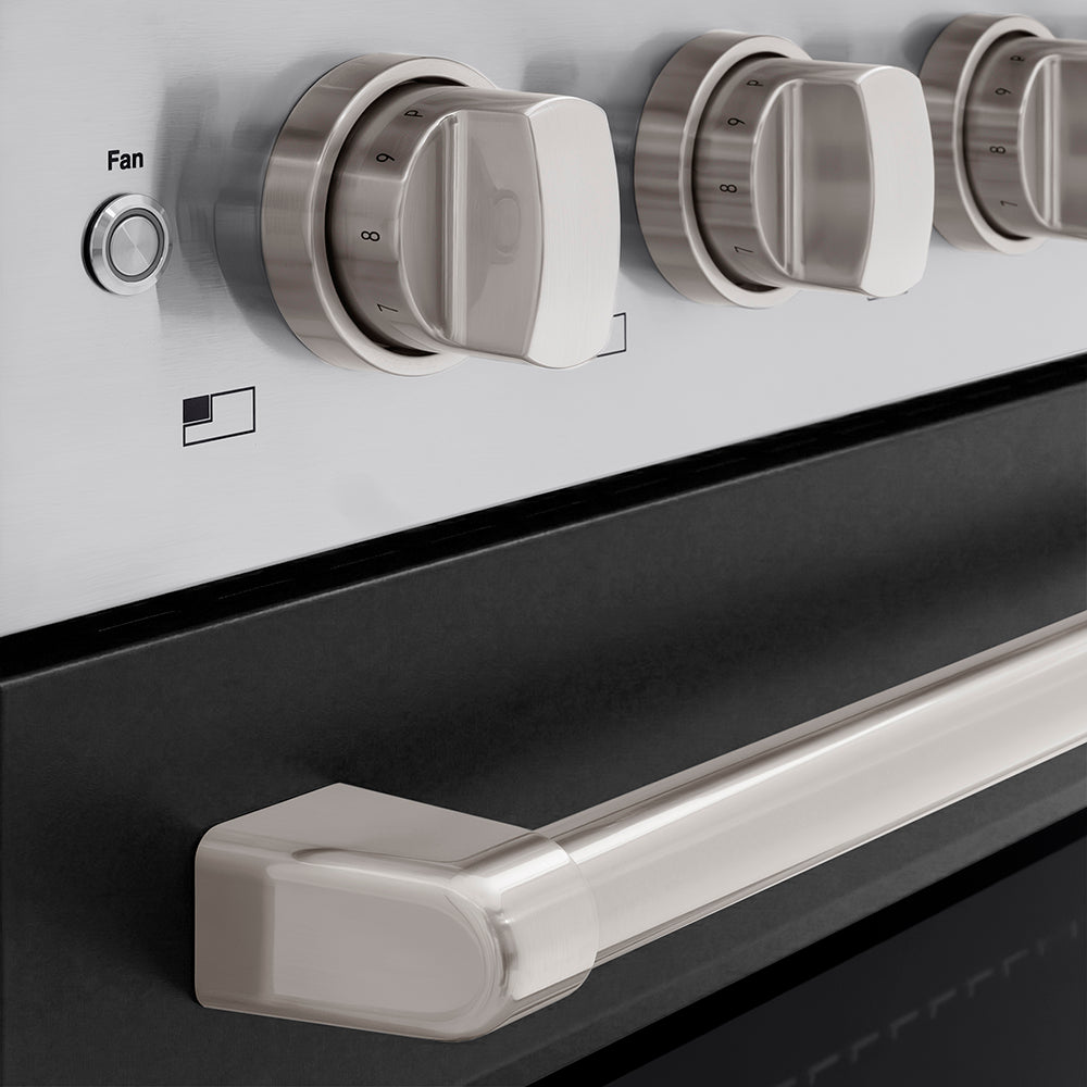 ZLINE 36 in. 5.2 cu. ft. Paramount Induction Range with 5 Element Cooktop and Electric Convection Oven in Stainless Steel with Black Matte Door (SINR-BLM-36) close-up, cooktop and oven knobs.