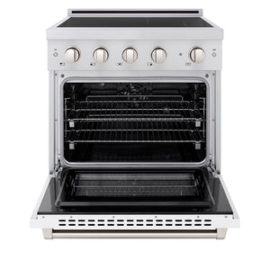 ZLINE 30 in. 4.2 cu. ft. Paramount Induction Range with 4 Element Cooktop and Electric Convection Oven in Stainless Steel with White Matte Door (SINR-WM-30) front, oven open.