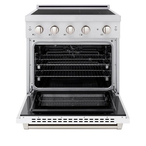 ZLINE 30 in. 4.2 cu. ft. Paramount Induction Range with 4 Element Cooktop and Electric Convection Oven in Stainless Steel with White Matte Door (SINR-WM-30) front, oven open.