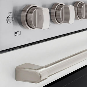 ZLINE 30 in. 4.2 cu. ft. Paramount Induction Range with 4 Element Cooktop and Electric Convection Oven in Stainless Steel with White Matte Door (SINR-WM-30) close-up, cooktop and oven knobs.