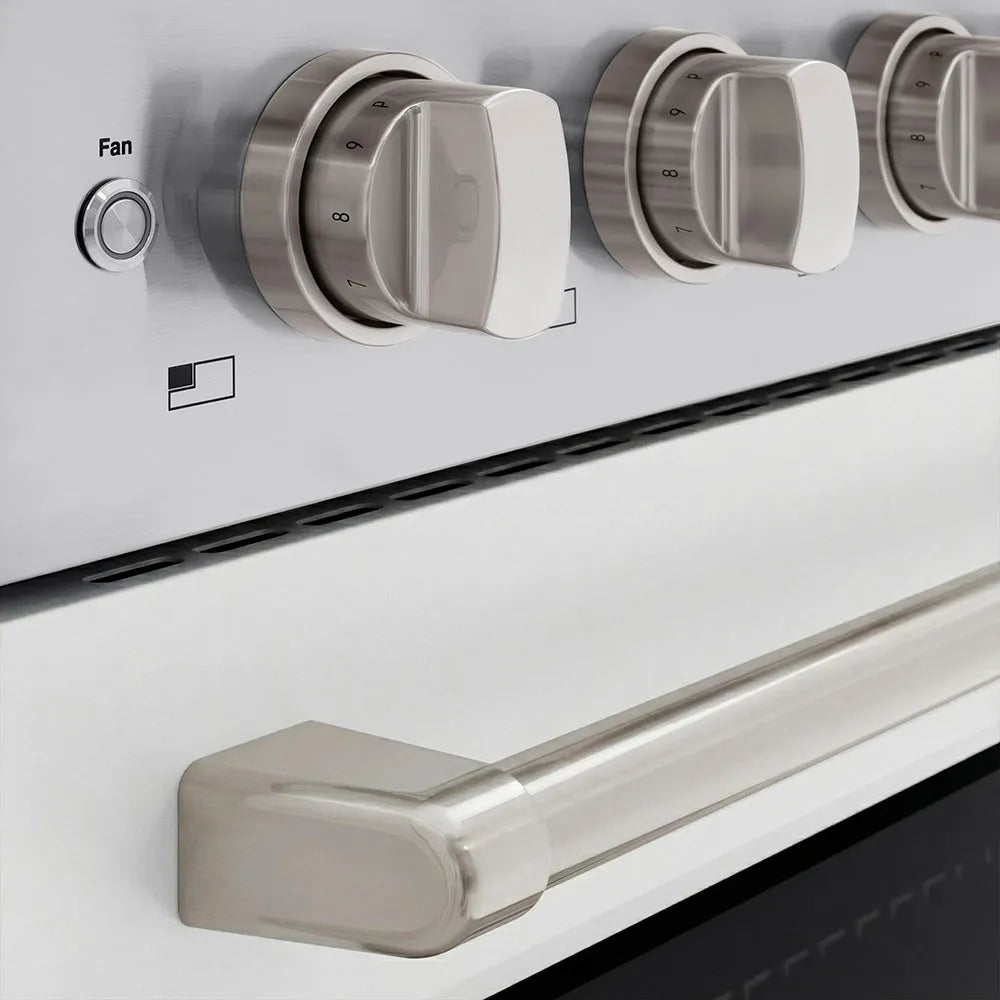 ZLINE 30 in. 4.2 cu. ft. Paramount Induction Range with 4 Element Cooktop and Electric Convection Oven in Stainless Steel with White Matte Door (SINR-WM-30) close-up, cooktop and oven knobs.