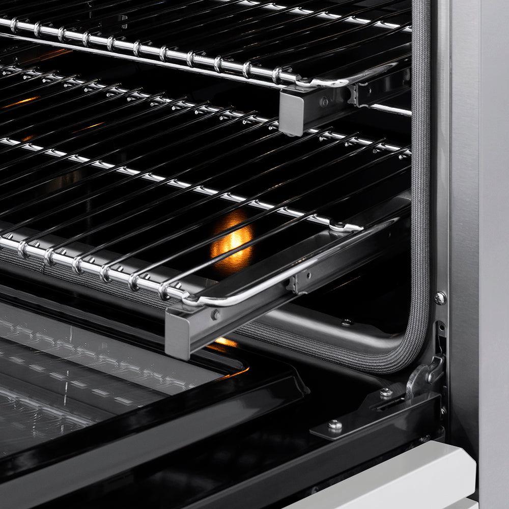 ZLINE Autograph Edition 48 in. 6.7 cu. ft. Classic Dual Fuel Range with 8 Burner DuoPro™ Cooktop and Dual Ovens with White Matte Doors and Champagne Bronze Accents (PCDRZ-WM-48-CB) close-up, oven racks.