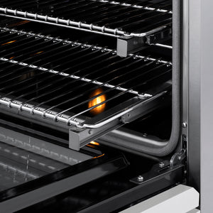 ZLINE Autograph Edition 48 in. 6.7 cu. ft. Classic Dual Fuel Range with 8 Burner DuoPro™ Cooktop and Dual Ovens with White Matte Doors and Champagne Bronze Accents (PCDRZ-WM-48-CB) close-up, oven racks.