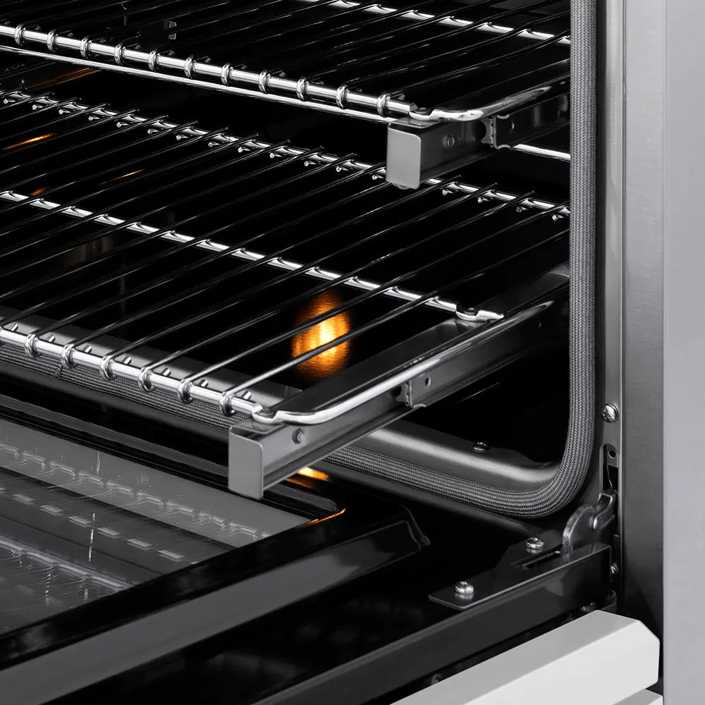 ZLINE Autograph Edition 48 in. 6.7 cu. ft. Classic Dual Fuel Range with 8 Burner DuoPro™ Cooktop and Dual Ovens with White Matte Doors and Champagne Bronze Accents (PCDRZ-WM-48-CB) close-up, oven racks.