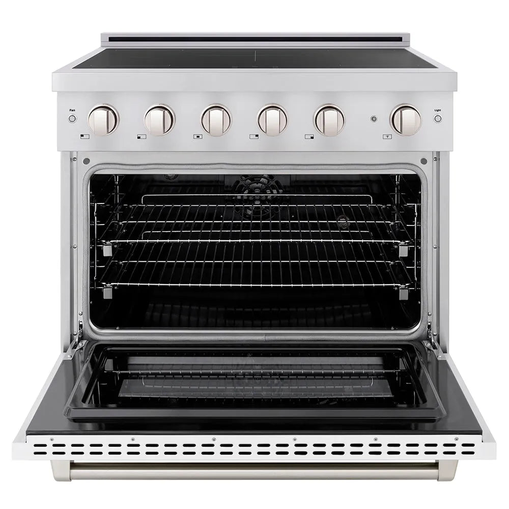 ZLINE 36 in. 5.2 cu. ft. Paramount Induction Range with 5 Element Cooktop and Electric Convection Oven in Stainless Steel with White Matte Door (SINR-WM-36) front, oven open.