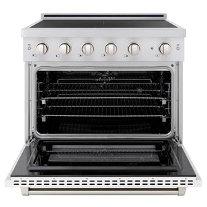 ZLINE 36 in. 5.2 cu. ft. Paramount Induction Range with 5 Element Cooktop and Electric Convection Oven in Stainless Steel with White Matte Door (SINR-WM-36) front, oven open.